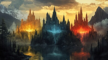 Fototapeta premium A stunning fantasy landscape featuring majestic castles in contrasting colors, set against mountains and a mirrored lake.