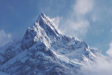 Obraz premium Snow-covered mountain peak under a bright blue sky with scattered clouds. Majestic and serene landscape.