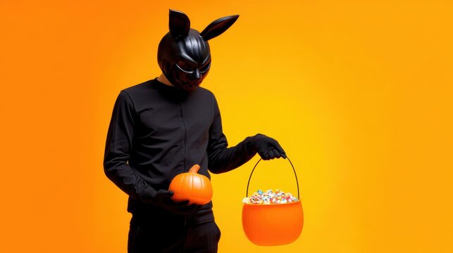 Mysterious costume: male in black rabbit mask holding halloween candy