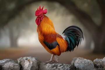 Vibrant red rooster standing on rustic stone background
