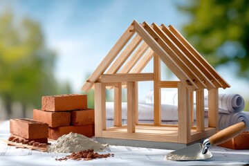 Wooden house frame model for architectural visualization