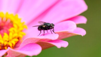 Fototapeta premium Close-up of a fly on a pink flower petal.