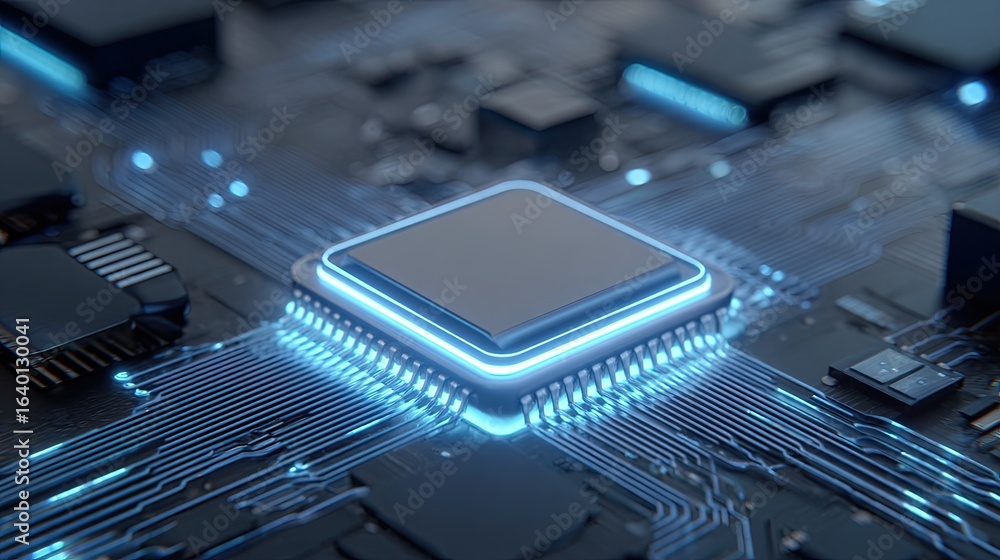 Poster close-up view of a glowing central processing unit on a circuit board, showcasing intricate details.