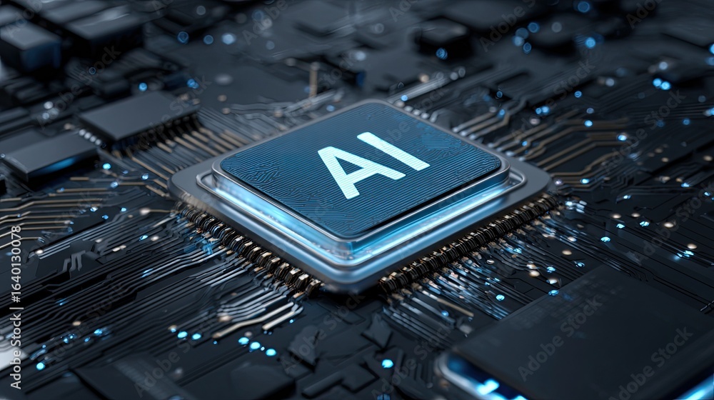 Poster close-up of an ai processor chip on a circuit board.