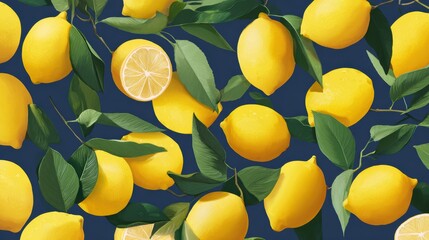 Vibrant yellow lemons and green leaves on a deep blue background