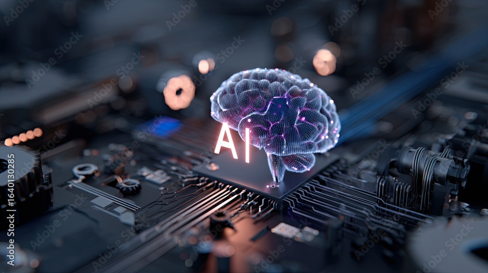 Poster artificial intelligence brain on a computer chip, symbolizing future technology and innovation.
