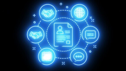 Digital profile with interconnected icons for communication, email, cloud, and global connectivity in neon style	 - Powered by Adobe