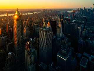 Aerial view of New York City skyscrapers at sunset with golden light on buildings and river cityscape