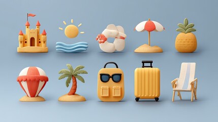 A collection of cute 3D icons representing summer vacation, travel, and beach activities on a light blue background.