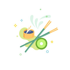 Vector of Japanese Cuisine with Chopsticks and Sushi on a Pastel Background