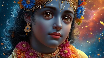A divine portrait of the Hindu god Lord Krishna