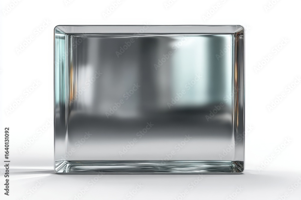 Poster single transparent glass block resting on a plain white surface in a studio setting