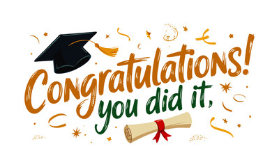 Congratulations, you did it &ndash; modern handwritten script with cap and scroll, capturing the joy of academic achievement