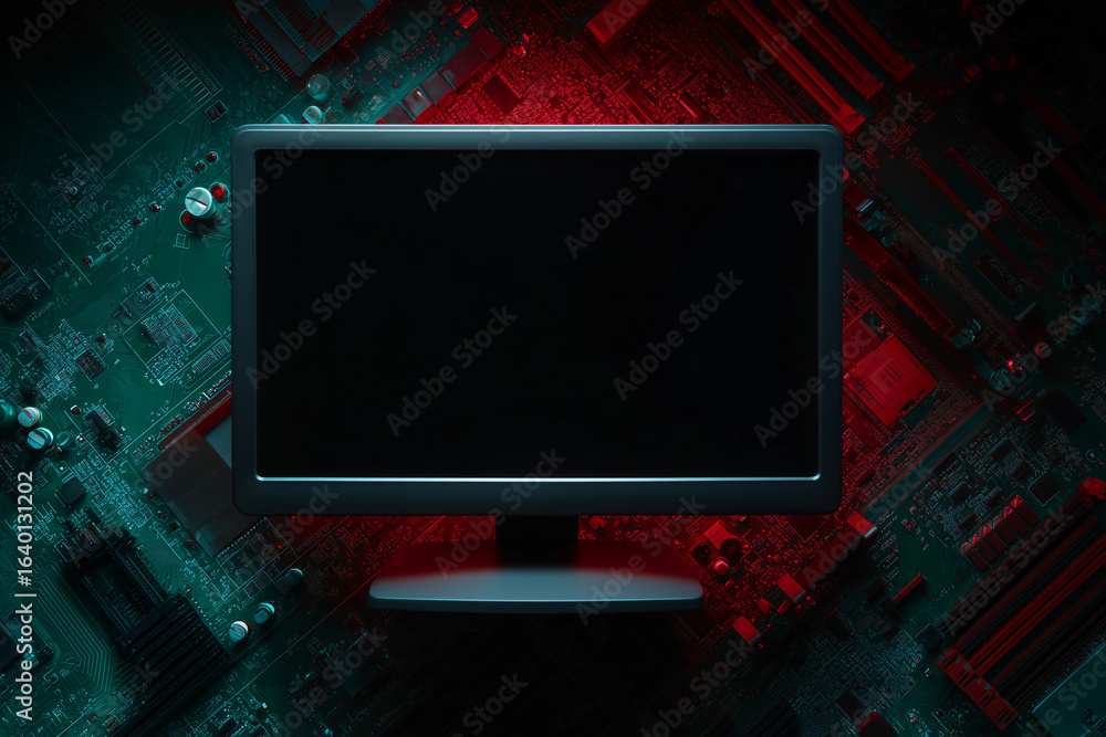 Poster a computer monitor displaying a blank black screen, set against a backdrop of a circuit board, evoki