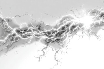 Abstract lightning strike effect over white background provides dramatic, energetic visuals with bright luminosity and intricate branching