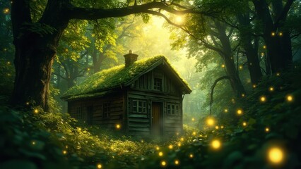 Fairy tale cabin with green roof in sunny forest with sunbeam.