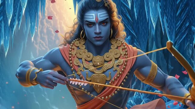 The Hindu God Rama the divine archer aiming a celestial bow and arrow