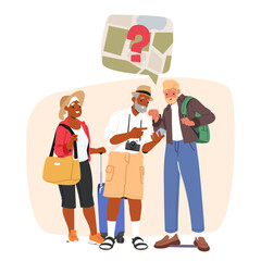 Touristic group of retired people lost during foreign journey looking at smartphone navigation map