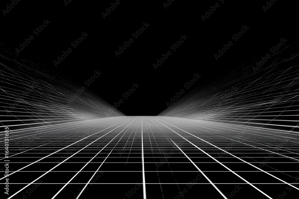Poster an abstract perspective of a grid receding into darkness, creating a sense of depth and spatial expl