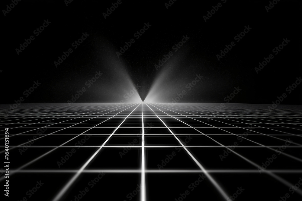 Aufkleber an abstract geometric perspective, with a grid pattern leading towards a point of light