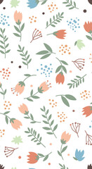 Charming Pattern of Delicate Flowers and Greenery Adorning a White Background