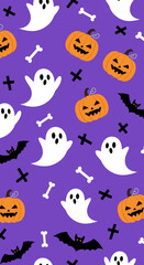 Spooky Halloween Pattern with Cute Ghosts Pumpkins and Bats