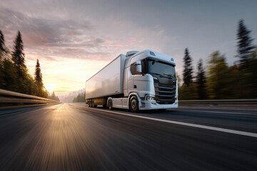 A white semi-truck drives on an open highway, trees flanking the side as the sun sets on the horizon.