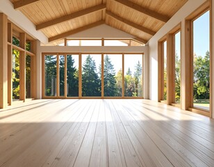 Obraz premium Spacious room with large windows showcasing a forest view.