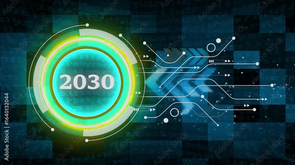 Aufkleber 2030 text with screen effects of technological failures. concept of counting years. new year celebra
