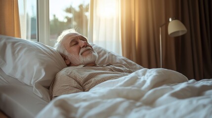 Elderly senior man resting peacefully on bed with natural light from window