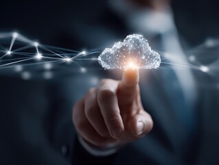 Cloud computing and SaaS technology. Transfer of data between application. Businessman touching cloud icon on network connection