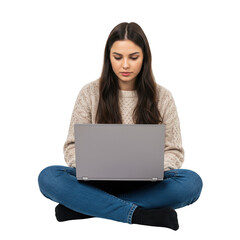 Naklejka premium Young woman sitting cross legged with a laptop computer in front of her focused on the screen isolated on transparent background
