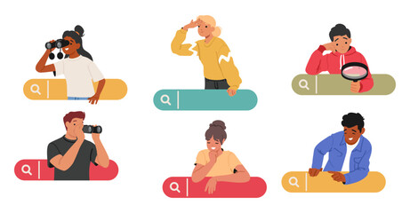 Diverse young people cartoon character searching information, doing marketing research on internet