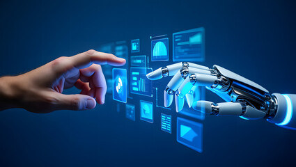 Human hand and robotic arm interacting with glowing blue digital interface with charts and data technology