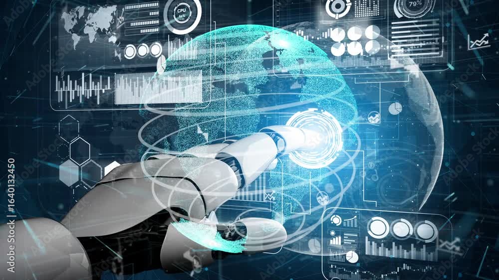 Poster a futuristic robotic arm extends toward a digital globe, surrounded by data charts and graphs, symbo