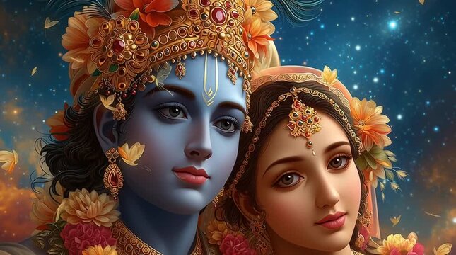 Divine love portrait of Radha and Krishna in a cosmic sky
