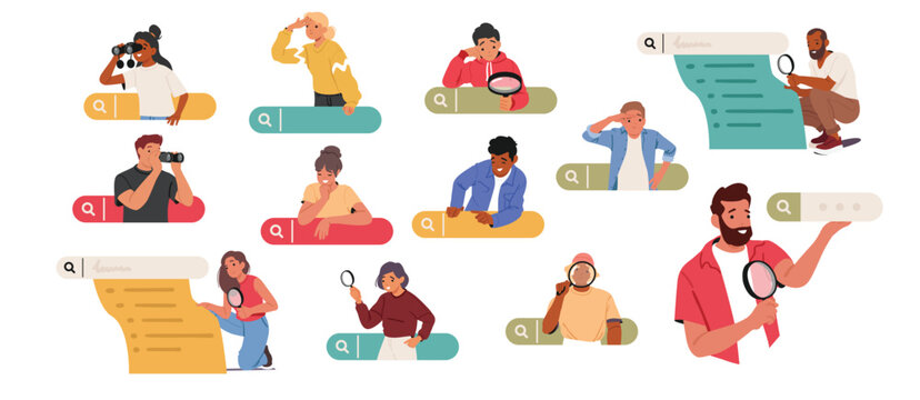 Set of people characters browsing online using search bars for looking information, job opportunity
