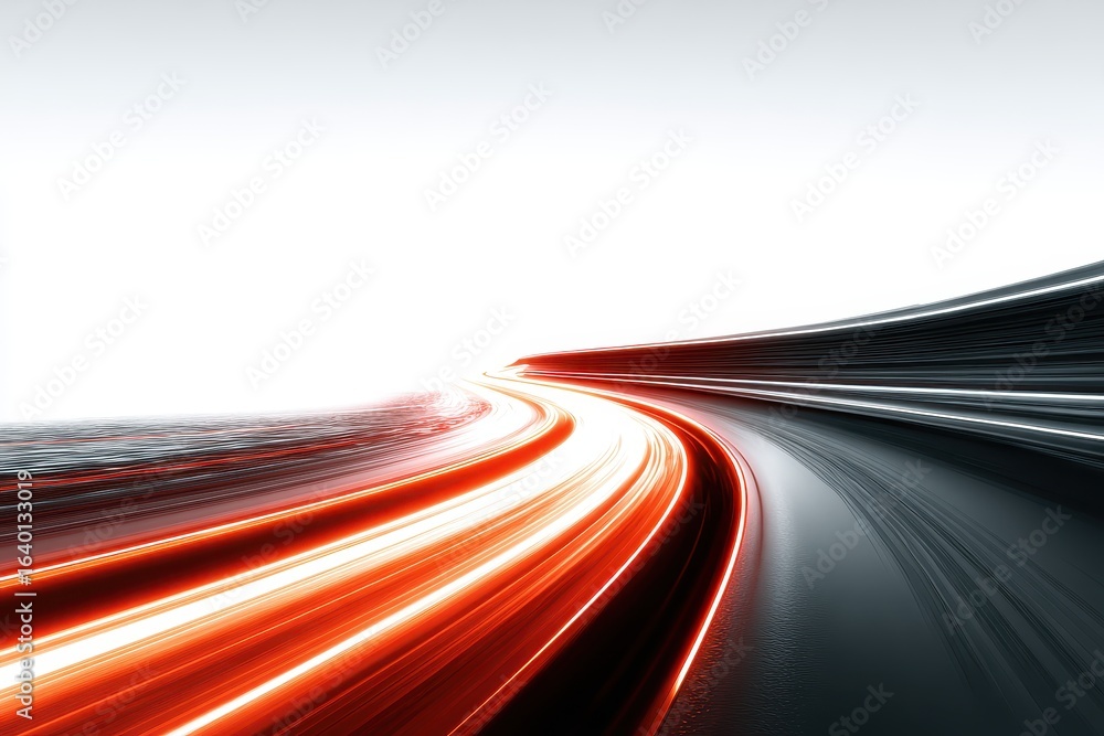 Poster abstract representation of light streaks on a curved grey surface conveys digital data flow or high 