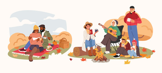 Happy family couple and parents with children enjoying autumn picnic outdoors cartoon scene