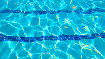 Clear blue swimming pool water surface with ripples and reflections in summer sunlight