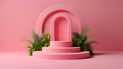 Pink and white flowers by a green window in old stone building entrance