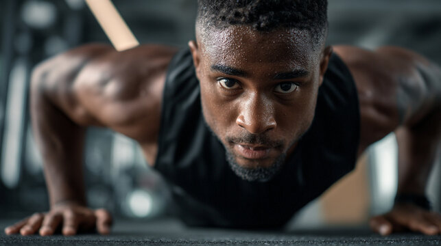 Man doing push ups in the gym with sweat on his face and arms wearing a black tank top and determined look