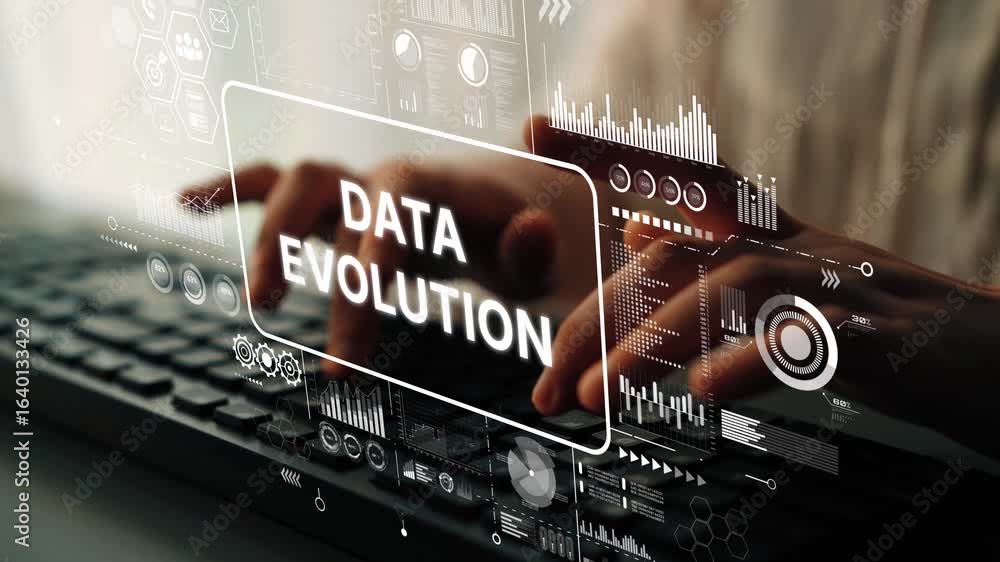 Poster hands typing on a keyboard with floating data graphics, showcasing digital transformation and data e