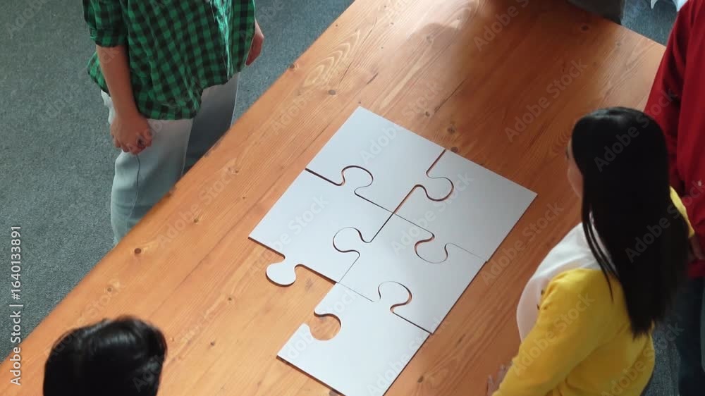 Poster top view of skilled business people gathering jigsaw piece together.startup team with casual cloth s