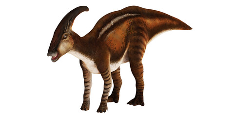 Realistic depiction of a Parasaurolophus dinosaur.