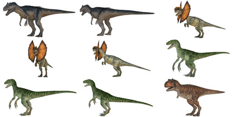 Various dinosaur species on a plain white background
