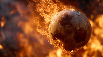 A close up of a soccer ball engulfed in flames with a blurred background of fire and smoke effects