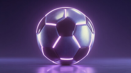 A soccer ball with neon purple light outlining the panels on a reflective purple surface