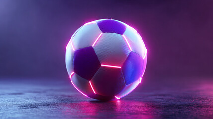 A soccer ball with purple and white panels illuminated by neon pink lights on a dark background