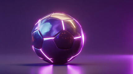 A soccer ball with neon lights around the edges sitting on a purple reflective surface in studio lighting